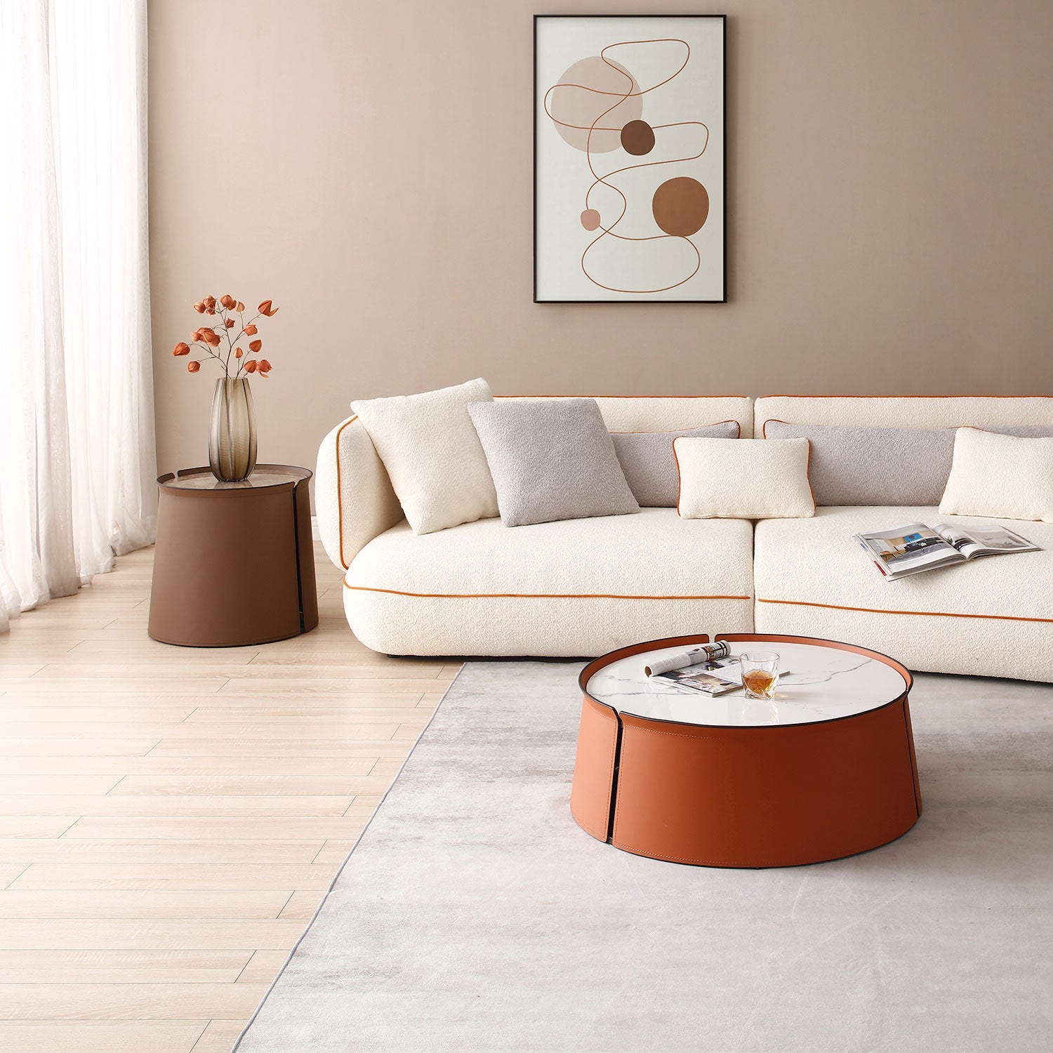 31.5" Coffee Table, Marble Top and Orange Saddle Leather Body