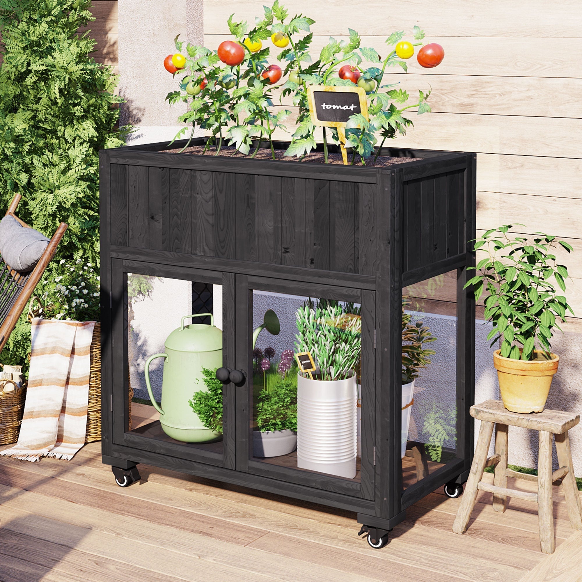 TOPMAX Patio Mini Wood Cold Frame Greenhouse with Wheels
