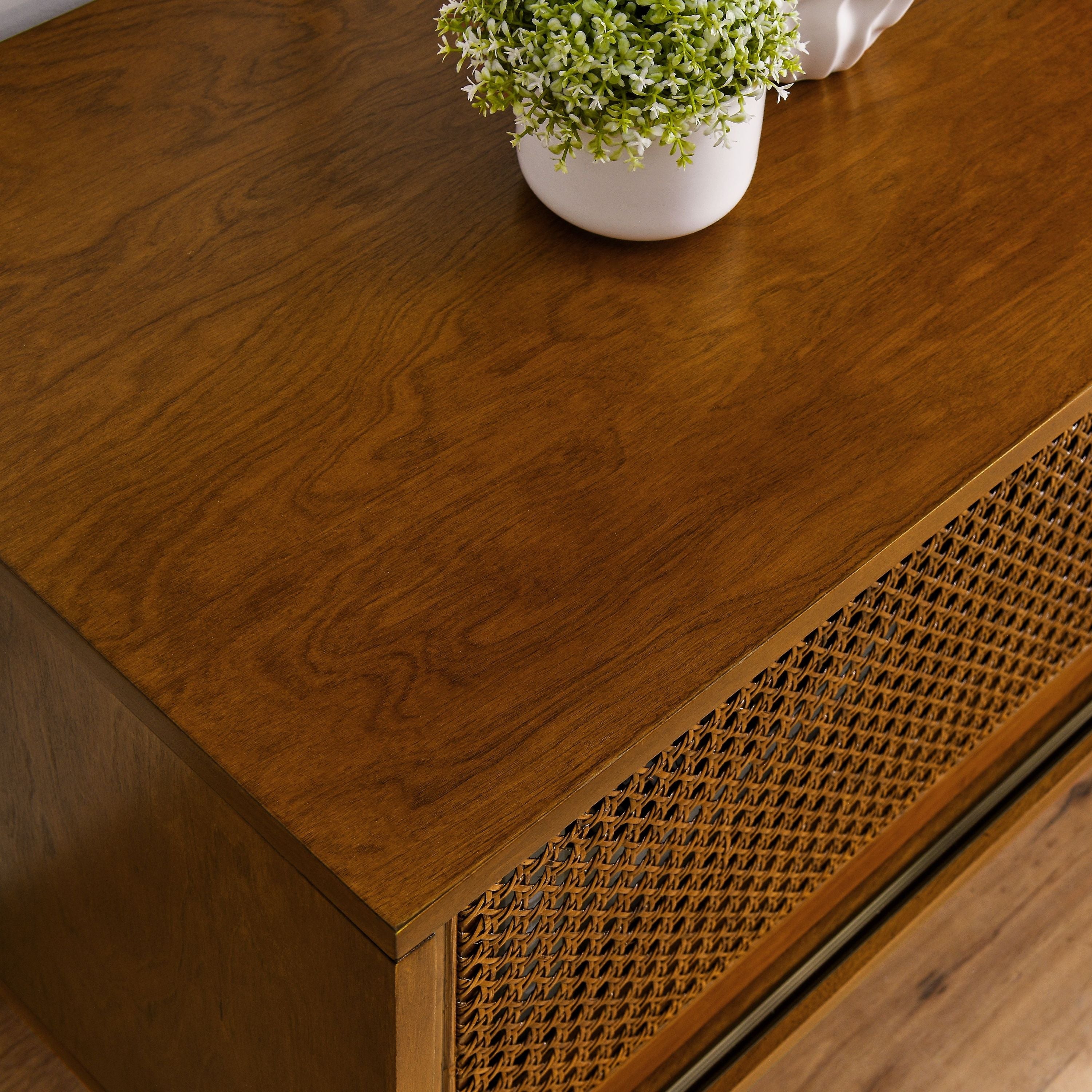 59 Inch Mid Century Modern Rattan TV Stand