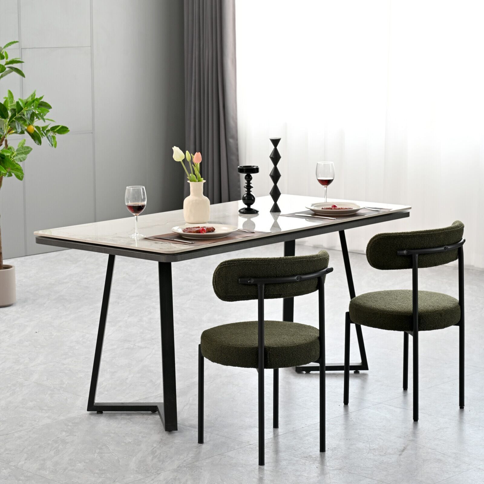 Set of 2 Mid-Century Modern Boucle Dining Chairs