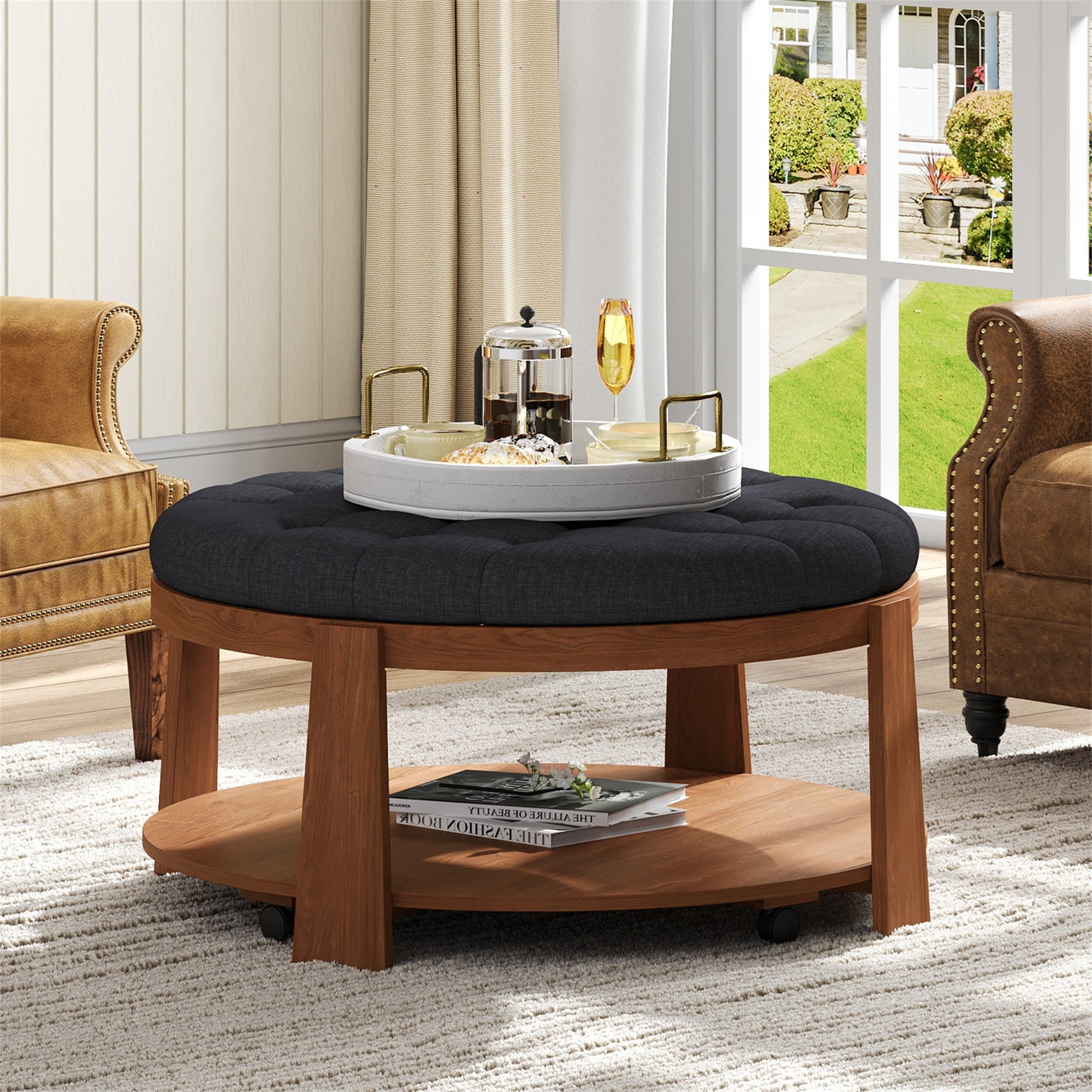 Modern Large Round Ottoman and Coffee Table 2-Tier
