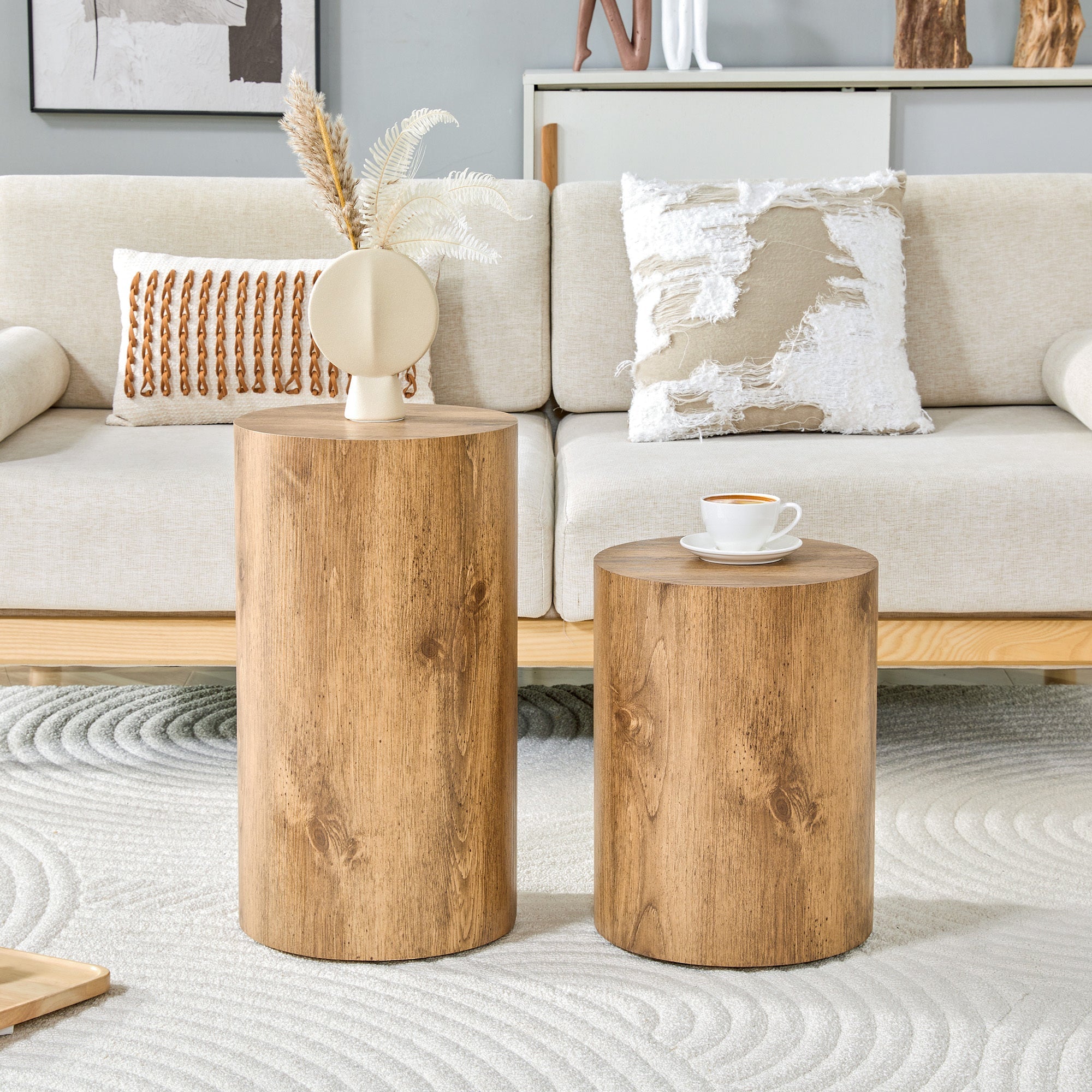 Modern Minimalist Set of Two Wood color Cylinder Coffee Tables
